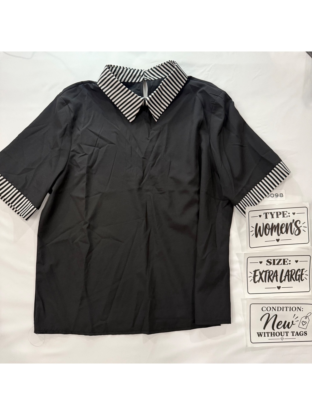 Womens XL Black Short Sleeve Blouse with Striped Collar and Cuffs | SKU 098